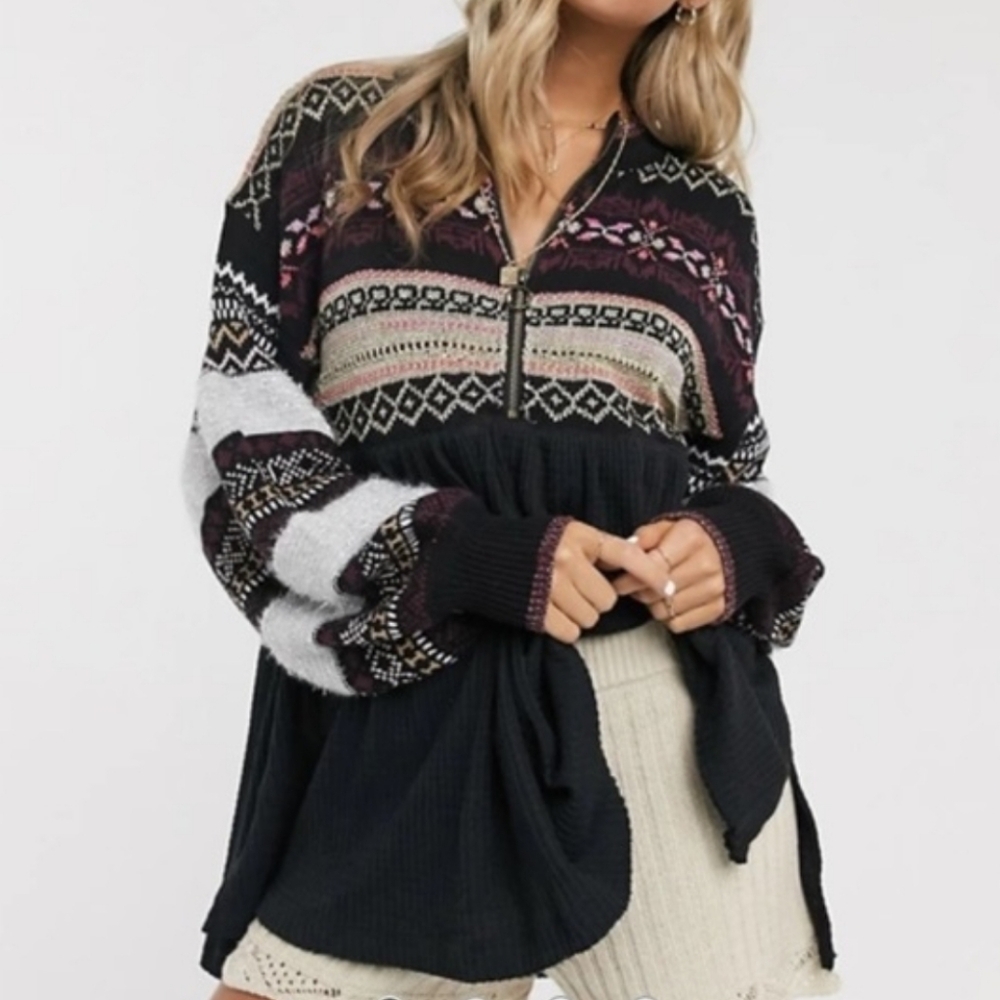Free People Cabin Fever Swit Sweater Long Sleeve Half Zip Metallic Black Sm NWT - Picture 12 of 16